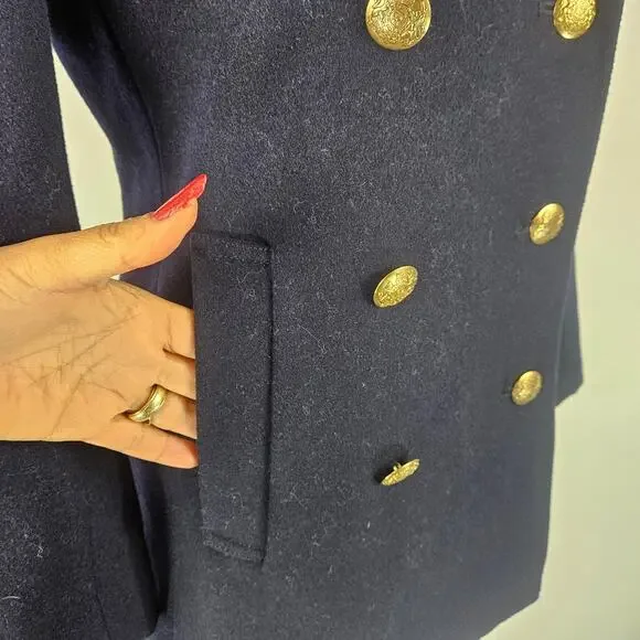 J. Crew Navy Wool Blend Double Breasted Collared Peacoat Gold Shield Buttons 0 - Picture 8 of 13